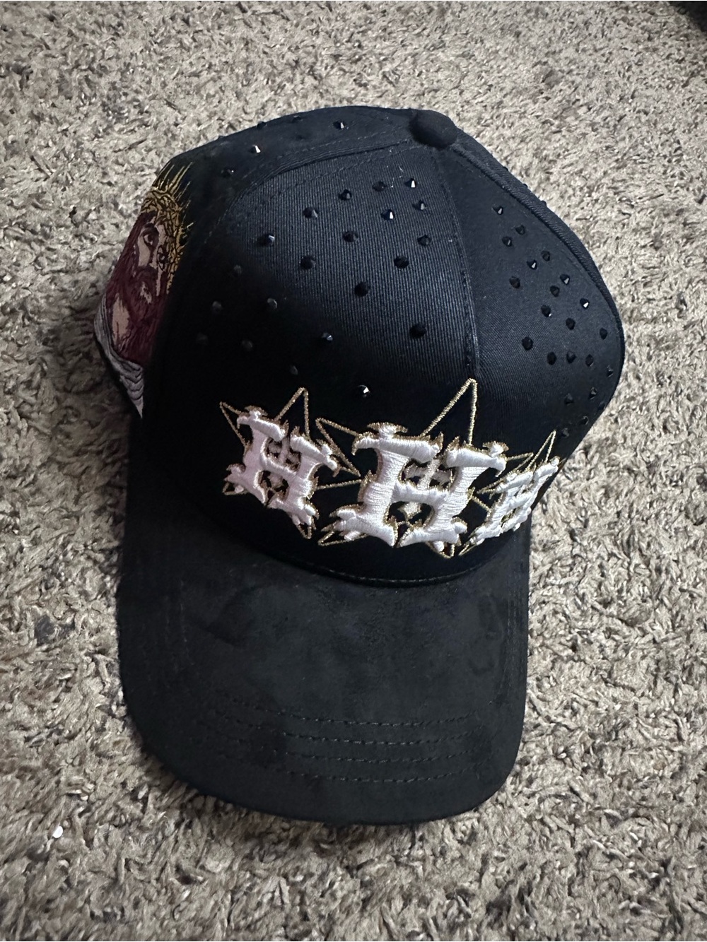 Black Embellished Men's Baseball Cap with White Embroidered Detail